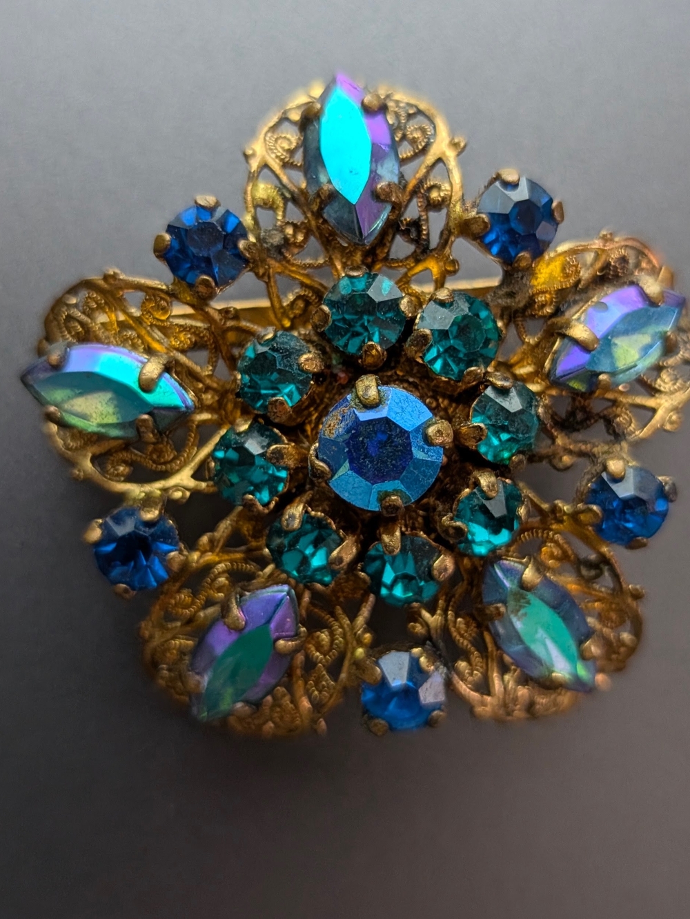 Vintage Germany Blue & Gold Jeweled Brooch